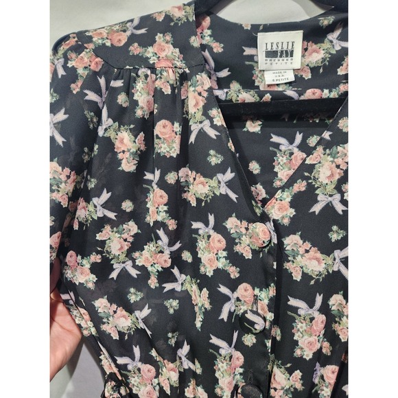 Vtg Leslie Fay Floral Bows Coquette Garden Midi Dress Size 4P SS Belted Pockets - Picture 3 of 8